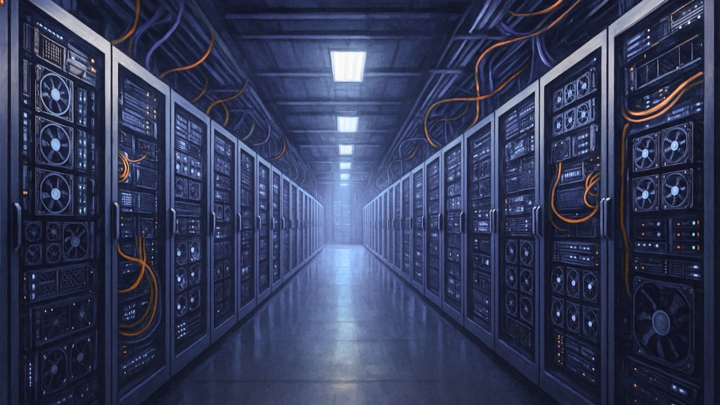 An AI-generated image of the inside of a data centre showing rows of inference servers
