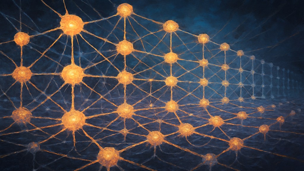 An AI-generated illustration of a neural network showing nodes and linkages