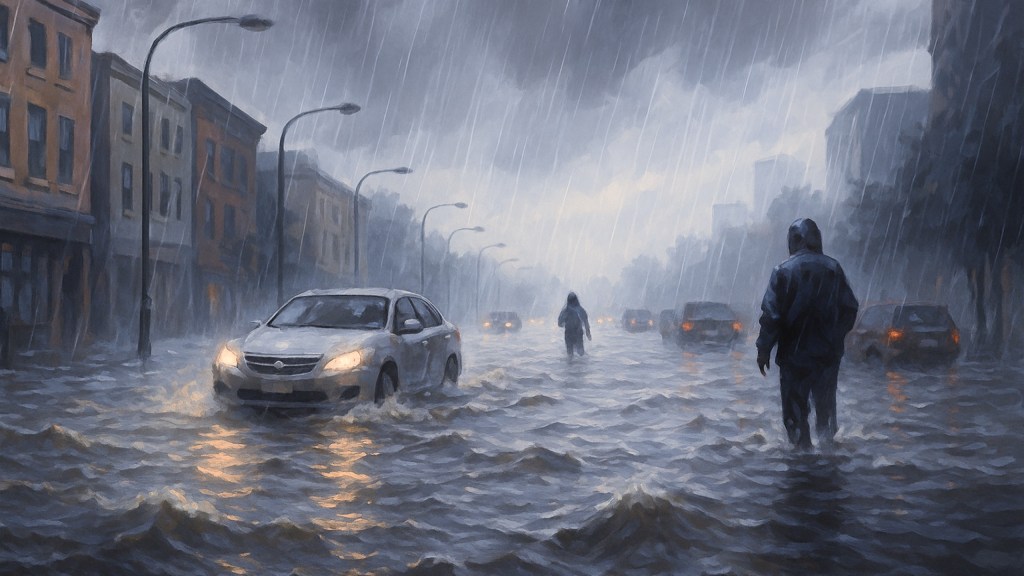 An AI-generated image of flooded city during extreme rainfall