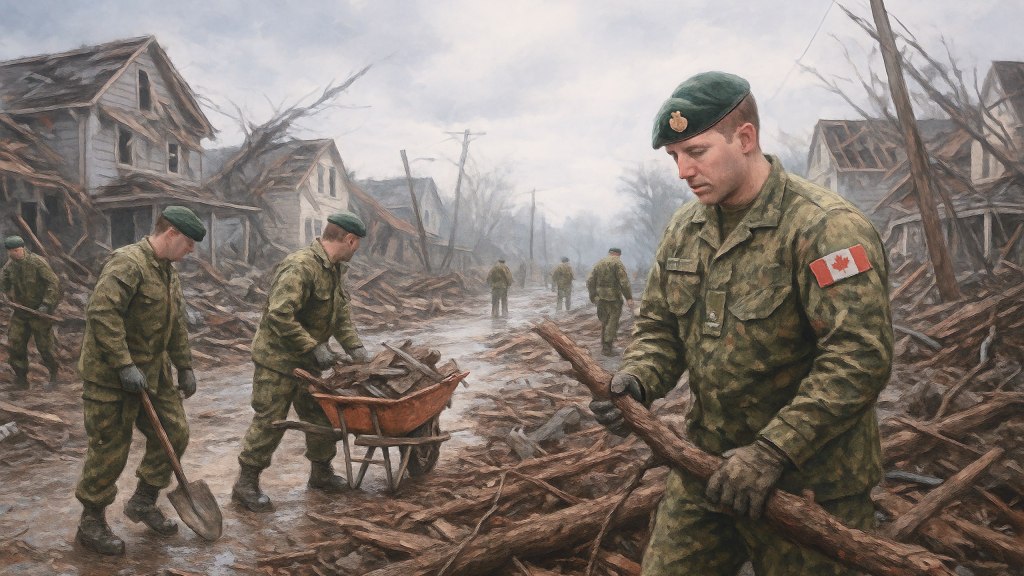AI-generated digital painting (GPT-5) depicting Canadian Armed Forces soldiers assisting with cleanup and recovery after an extreme weather disaster in Canada, with debris and damaged infrastructure under a cloudy sky.