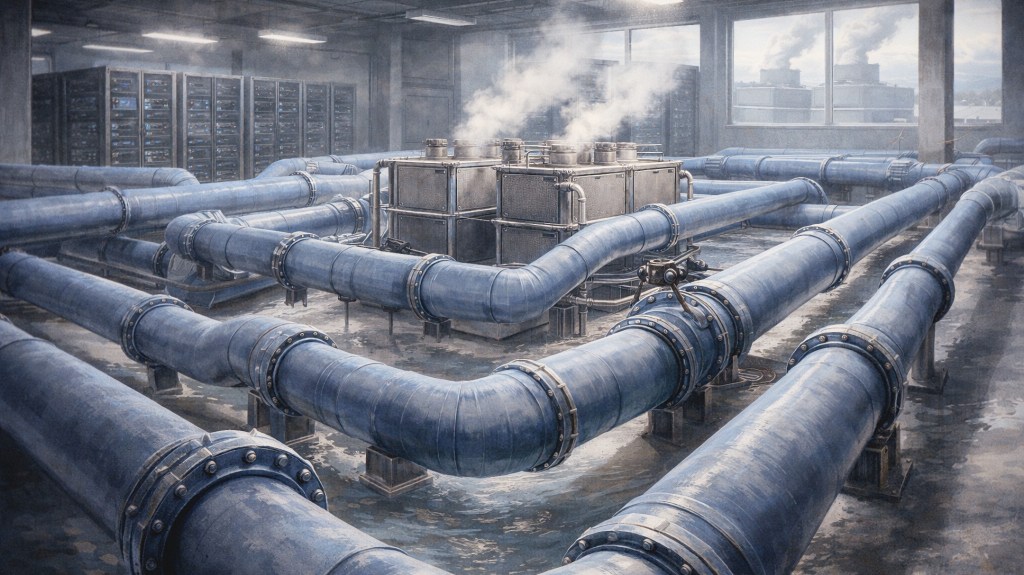 Interior view of a data centre cooling system with large recirculating water pipes and heat exchange equipment.